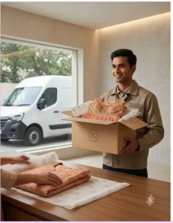 An expert delivery professional from The Local Designer smiling while holding a premium branded cardboard shipping box