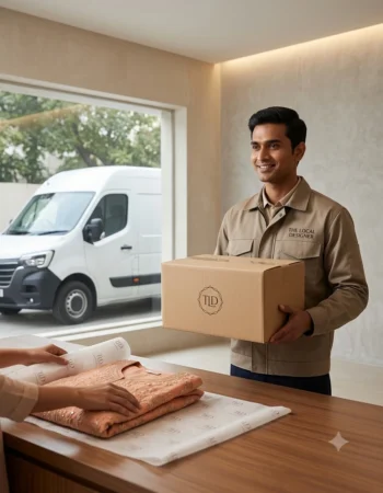 An expert delivery professional from The Local Designer smiling while holding a premium branded cardboard shipping box.
