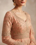 Close-up shot of the bodice and V-neckline of the peach Anarkali suit, showcasing the detailed gold zari and floral embroidery work