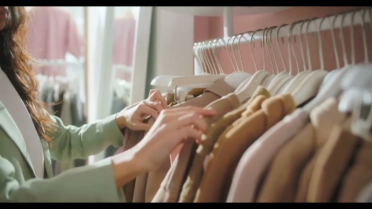 Fashion design studio with designer creating clothing collections in a boutique workspace