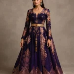 Full-length studio portrait of a model wearing a Royal Purple Brocade Indo-Western gown with metallic copper floral embroidery and a decorative gold waist belt