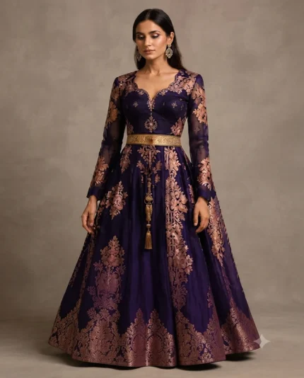 Full-length studio portrait of a model wearing a Royal Purple Brocade Indo-Western gown with metallic copper floral embroidery and a decorative gold waist belt