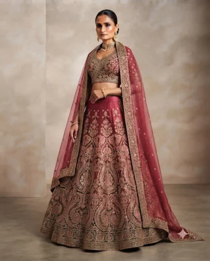 Full-length studio portrait of a model wearing a blush pink silk lehenga with intricate floral gold embroidery and full sleeves