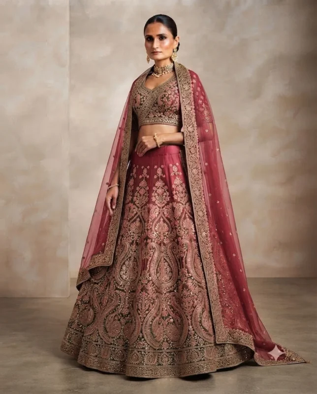 Full-length studio portrait of a model wearing a blush pink silk lehenga with intricate floral gold embroidery and full sleeves