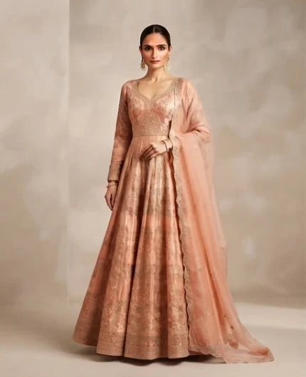 Full-length studio portrait of a model wearing a luxurious peach Anarkali suit with intricate gold embroidery and a matching sheer dupatta, set against a soft beige luxury studio background.