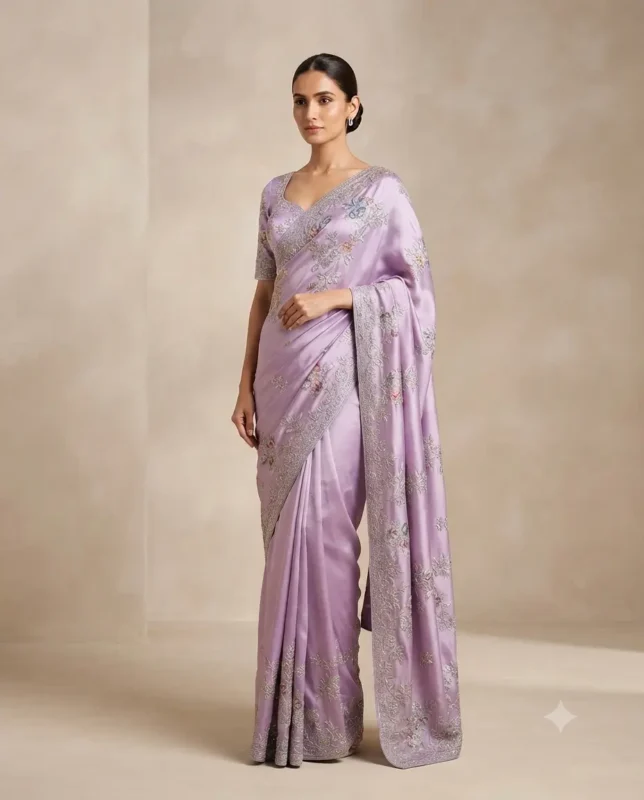 Lavender Floral Printed Cotton Blend Saree with Unstitched Blouse Piece