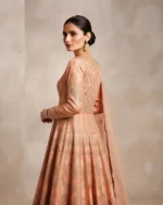 Royal Peach Embroidered Silk Anarkali Suit Set with Sheer Dupatta - Image 3