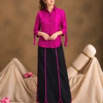 Magenta pink pure silk shirt with black cotton scallop skirt set