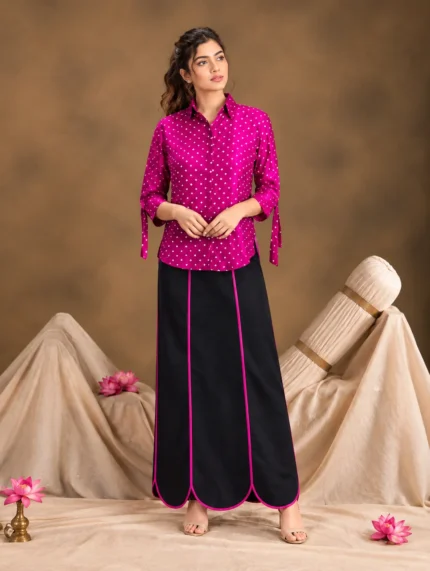 Magenta pink pure silk shirt with black cotton scallop skirt set