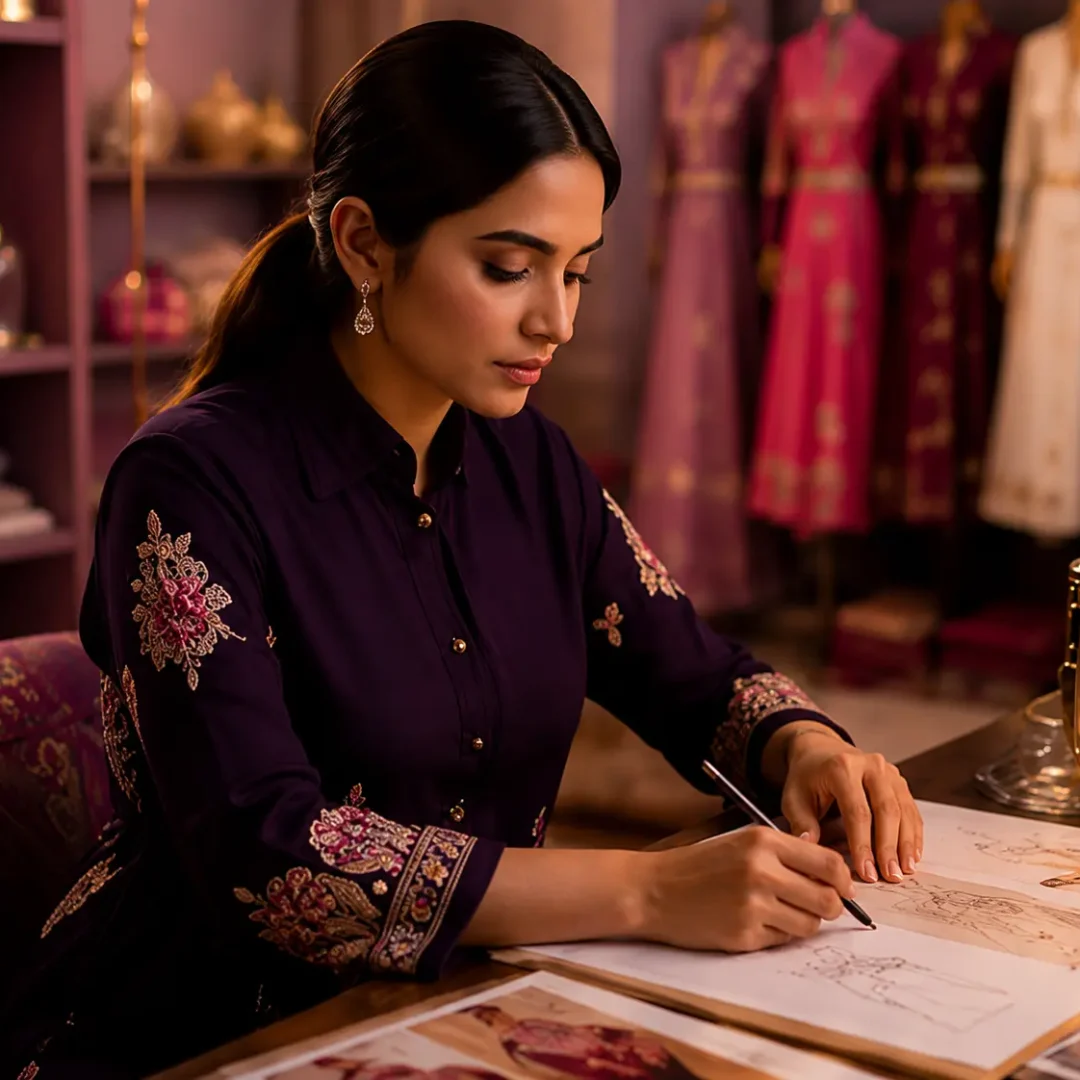 Fashion designer sketching custom bridal and women's ethnic wear designs in a luxury boutique studio in Lucknow